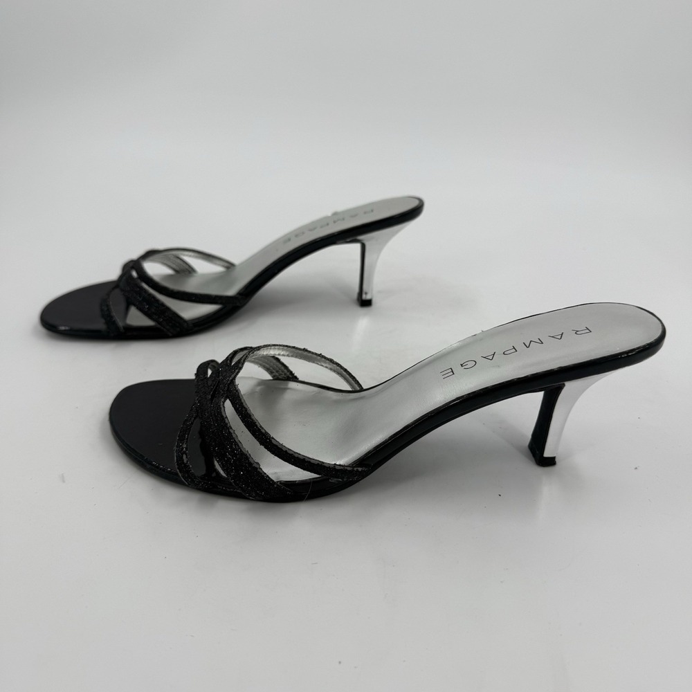 Rampage Women's 8.5 Black Glitter Strappy Kitten Heel Slide Sandals